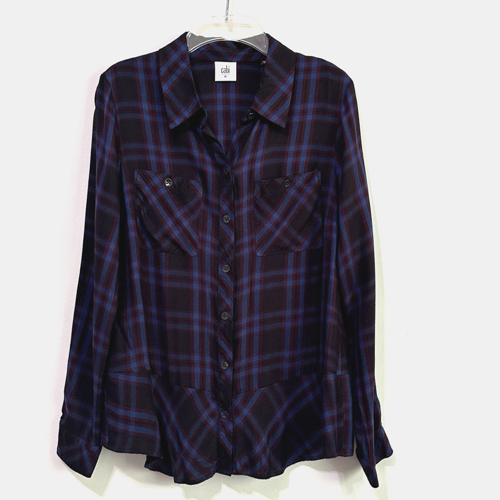 CAbi Blouse M Moody‎ Plaid #3431 Button Front Peplum Hem Long Sleeve Rayon Top